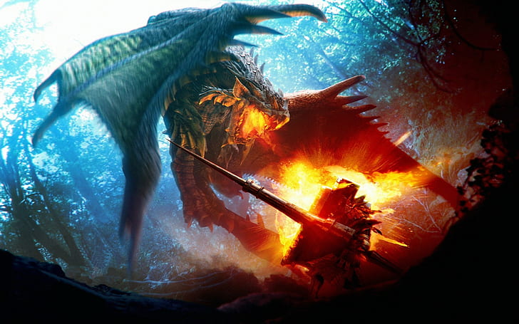 forest, dragon, fantasy art, lance, fire, Monster Hunter: World, HD wallpaper