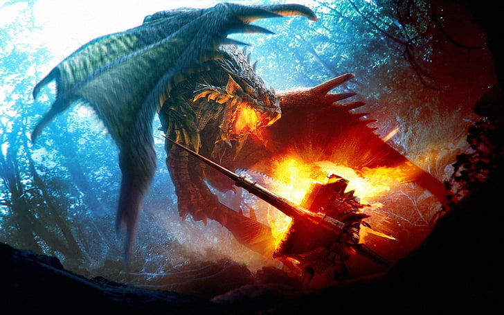dragon and warrior digital wallpaper, video games, Monster Hunter, HD wallpaper