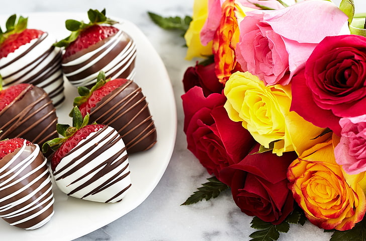 HD wallpaper: Chocolate Dipped Strawberries and Colorful Roses, pink,  yellow, and red rose bouquet | Wallpaper Flare