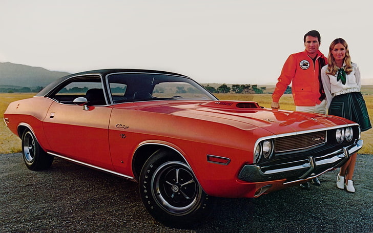 girl, background, Dodge, Challenger, guy, 1970, the front, Muscle car, HD wallpaper