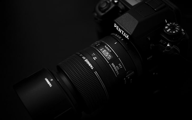 Pentax K7 With Tamron 90mm Macro, black, blackandwhite, cameras