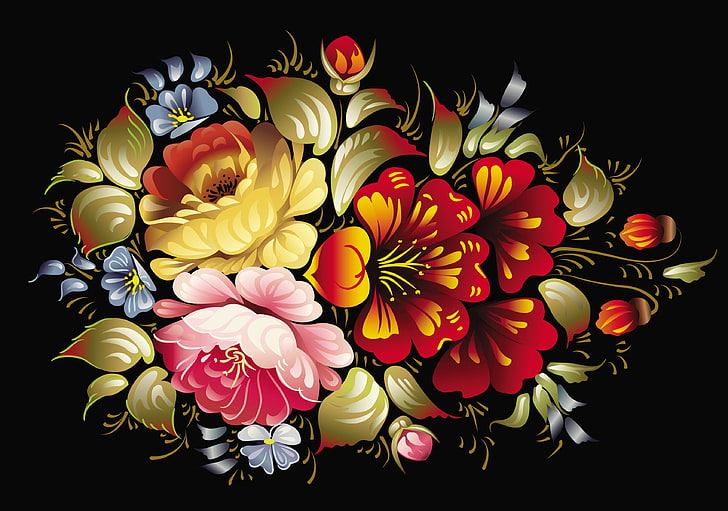 flowers illustration, pattern, figure, petal, painting, Khokhloma, HD wallpaper