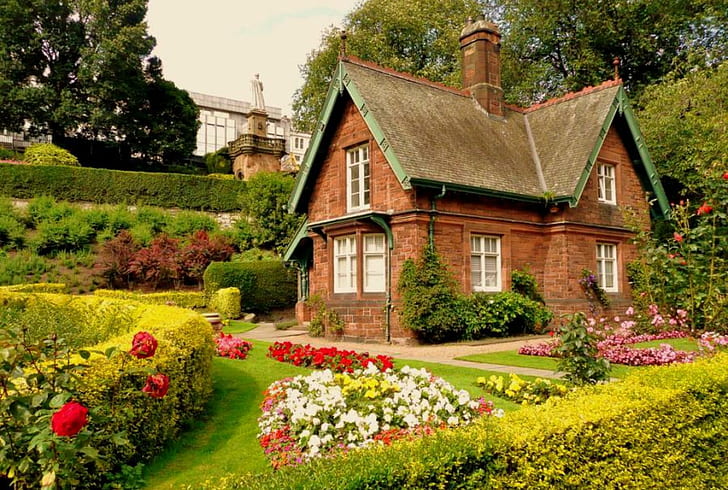 Cottage Garden, brown and green house, hedges, gardens, flowers