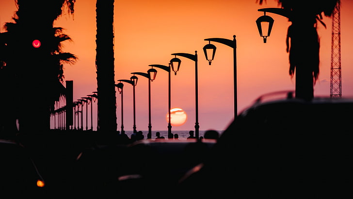 sunset, beach, palm trees, car, utility pole, OutRun, silhouette