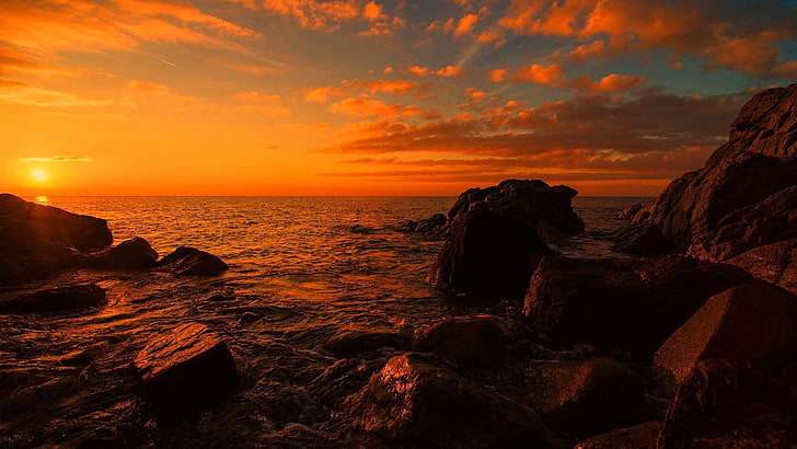 sky, sea, sunset, rock, horizon, shore, coast, dusk, coastline, HD wallpaper