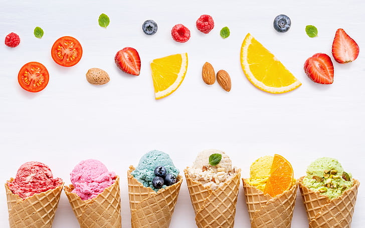 berries, colorful, ice cream, fruit, horn, cone, HD wallpaper