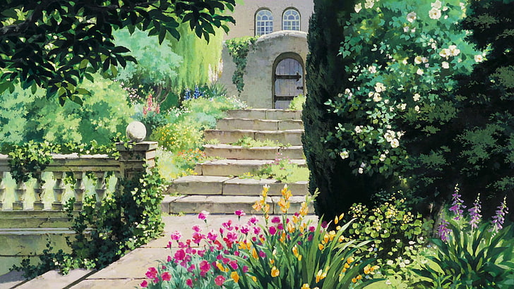 green and pink flower arrangement, stairs, garden, Studio Ghibli, HD wallpaper