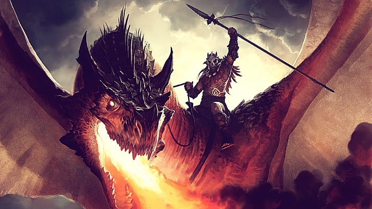 illustration of man riding a dragon, artwork, digital art, fantasy art