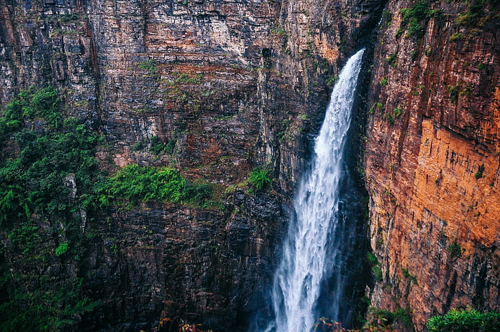waterfall, rock, nature, mountains, HD wallpaper