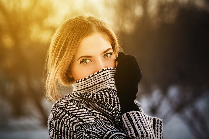women, blonde, green eyes, face, portrait, women outdoors, Aleksei Gilev
