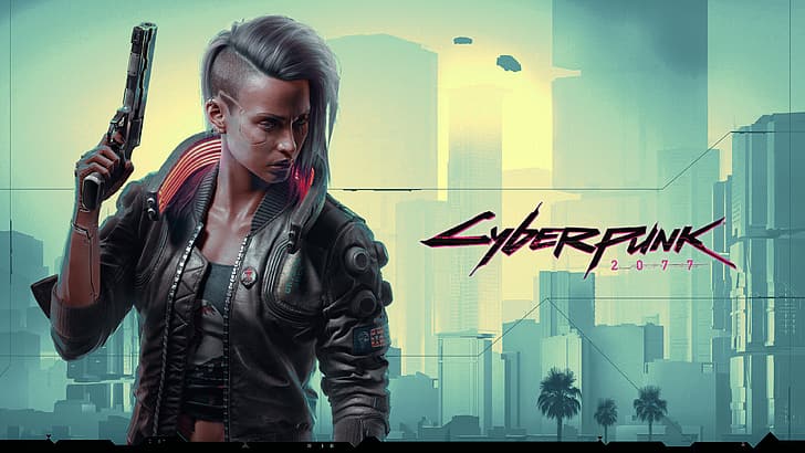 Cyberpunk 2077, cityscape, gun, palm trees, video game art, HD wallpaper