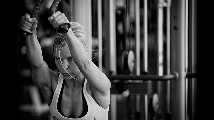women's tank top grayscale photo, fitness model, gym clothes, HD wallpaper