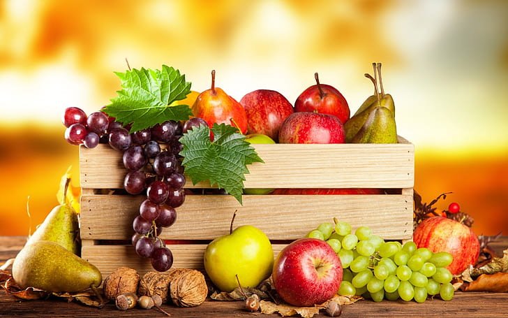 Healthy Fruit Basket, fruits, apples, grapes, pears, HD wallpaper