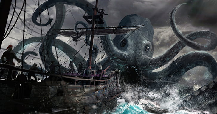 Fantasy, Sea Monster, Pirate, Ship, HD wallpaper