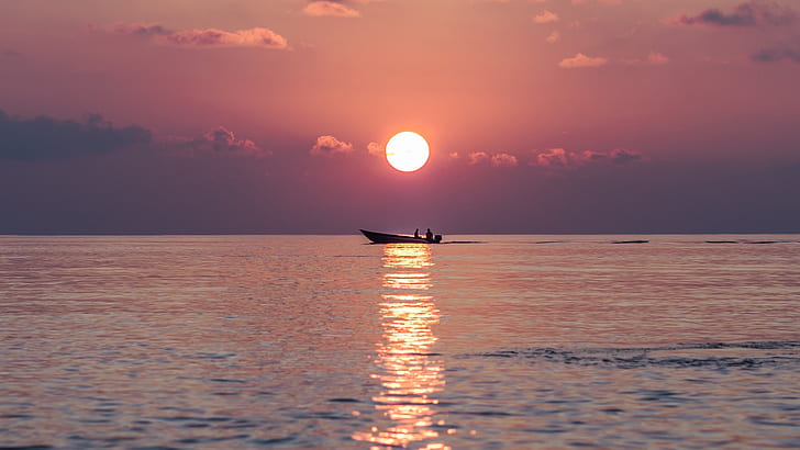sea, boat, sunset, horizon, Thoddoo, Maldives, HD wallpaper