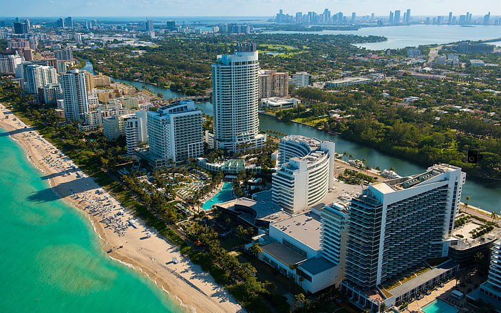 Miami, Florida, USA, city scenery, skyscrapers, beach, sea, river, HD wallpaper
