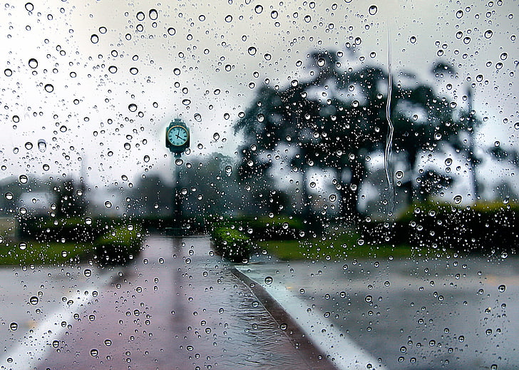 rain drops, the city, watch, raindrop, wet, weather, window, backgrounds, HD wallpaper