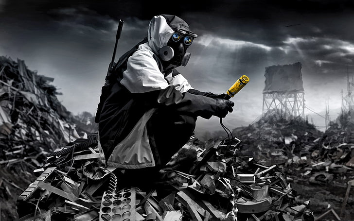 man wearing gas mask digital wallpaper, art, romantically apocalyptic