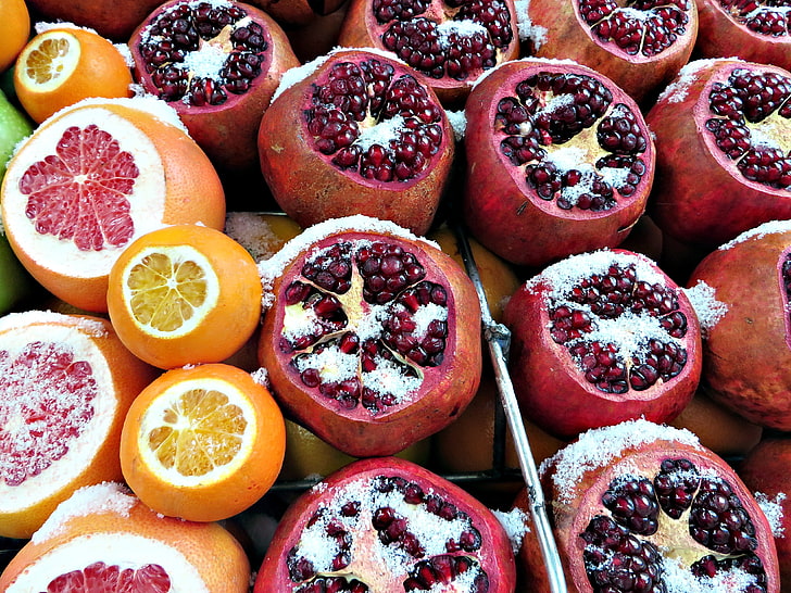 slices of pomegranates, grapefruit, oranges, food, red, freshness