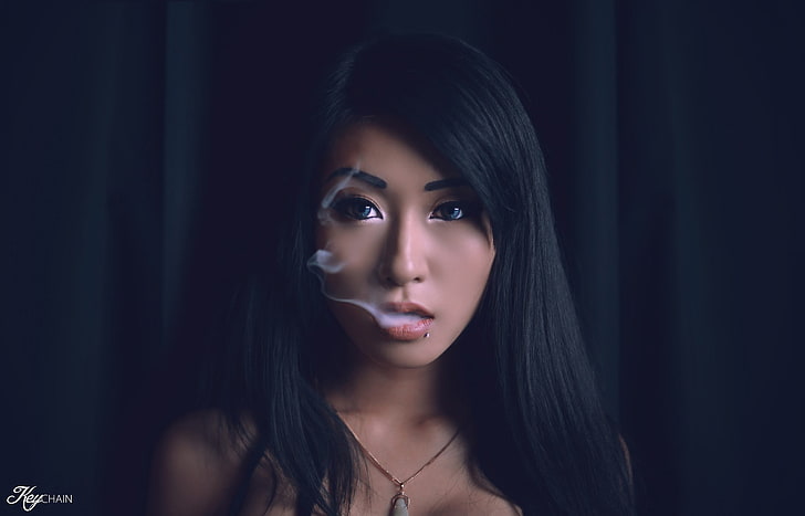 women, face, Asian, portrait, smoke, kitty nguyen, dark hair, HD wallpaper