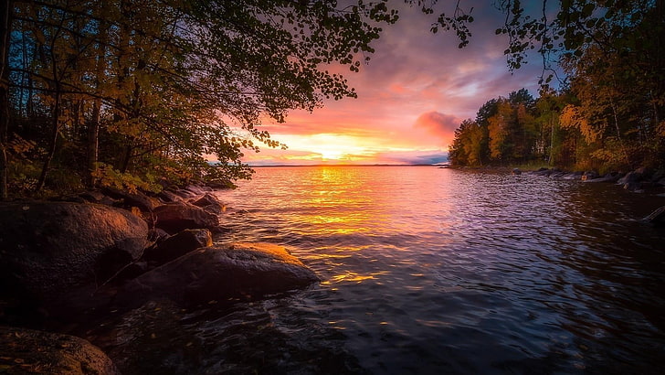 autumn, sunset, nature, water, reflection, sky, lake, tree