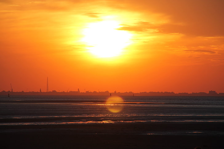sunset, North Sea, horizon, orange, sky, orange color, water