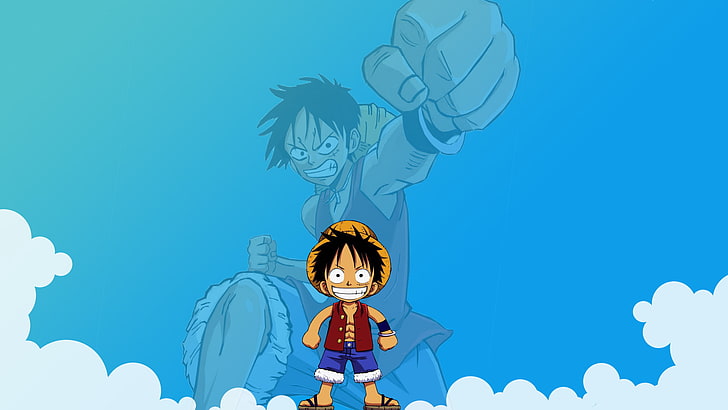 Monkey D. Luffy illustration, Anime, One Piece, blue, childhood, HD wallpaper