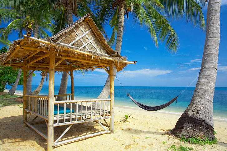 brown nipa hut, hammock, bungalow, coast, beach, rest, resort, HD wallpaper