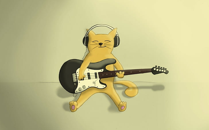 Cat, Guitar, Playing, Drawing, music, musical instrument, yellow, HD wallpaper