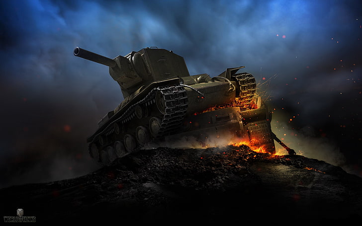 gray military tank, night, fire, smoke, power, art, sparks, armor