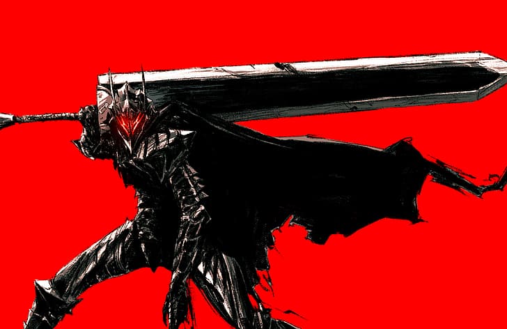 Armored, Guts, Berserk, red background, Black Swordsman, Chun Lo