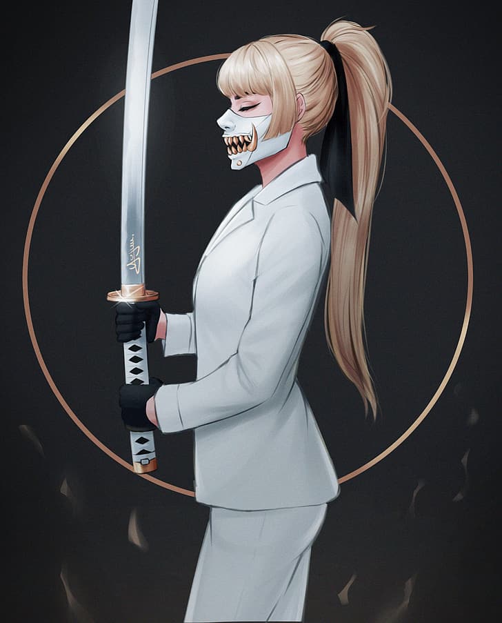 Yajuu, sword, white coat, long hair, blond hair, oni mask