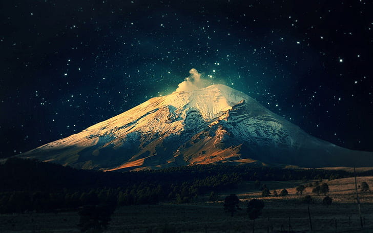 Volcanic Eruption, mountain, stars, volcano, nature and landscapes
