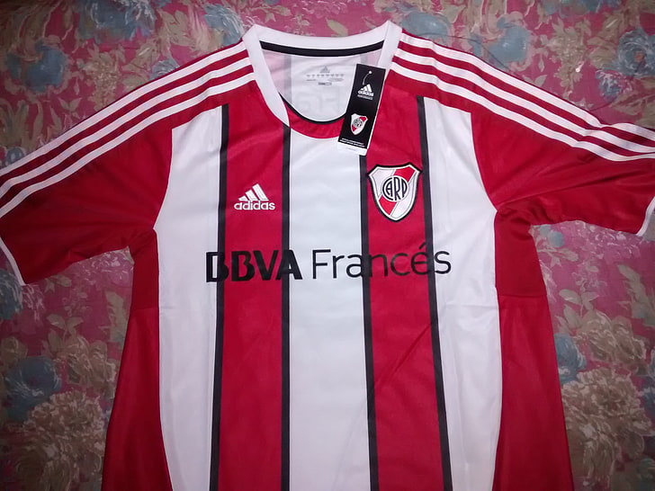 red, white, and black Adidas BBVA Frances jersey shirt, River Plate
