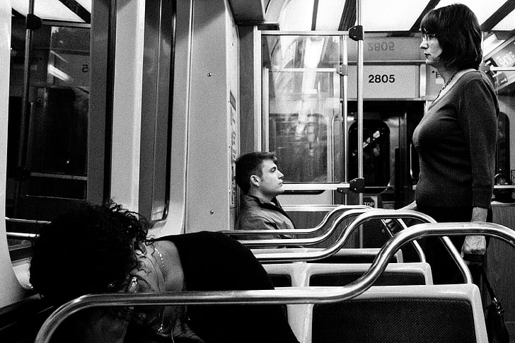 monochrome, photography, underground, sitting, seat, real people