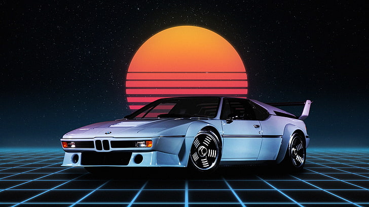 Auto, Night, The moon, Neon, BMW, Machine, Art, Fiction, BMW M1