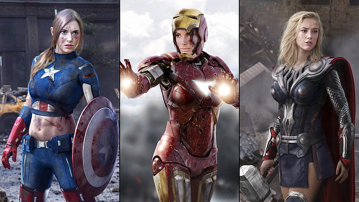 Captain America, Iron-Man, and Thor wallpapers, female parody of Iron Man, Thor, and Captain America