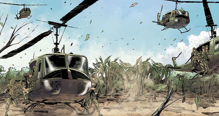 palm trees, figure, helicopters, Vietnam, landing, Bell, infantry