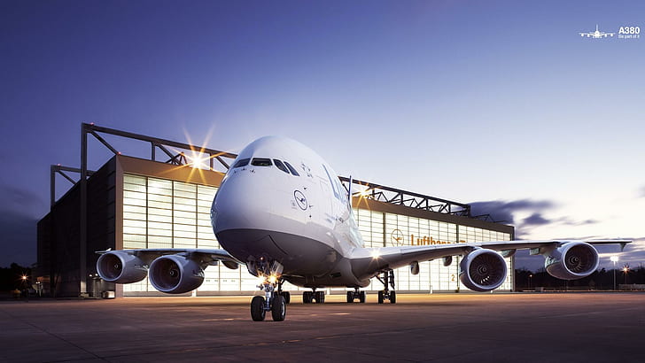 Lufthansa A380, lights, tarmac, plane, hanger, aircraft planes, HD wallpaper