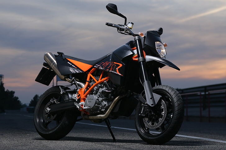 black and orange motorcycle, ktm 950 supermoto r, ktm 950 sm