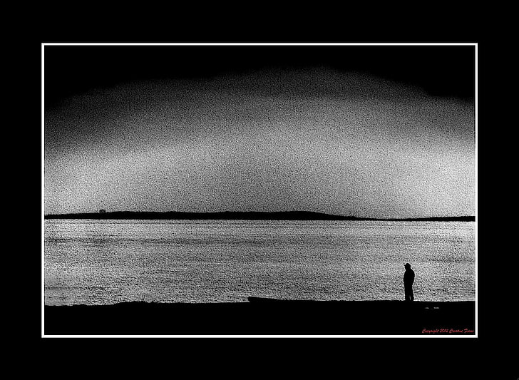 monochrome, alone, water, silhouette, sea, one person, horizon