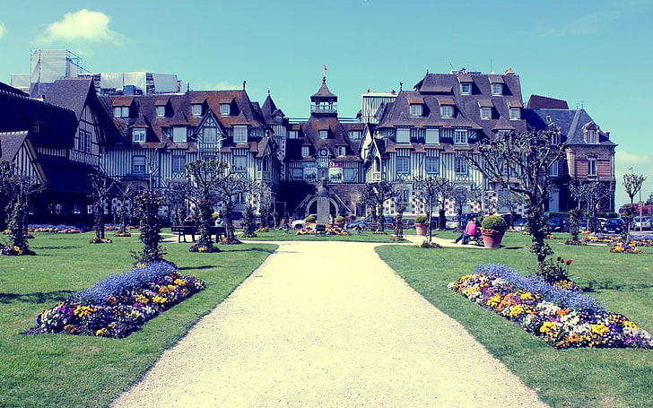brown and gray mansion, landscape, normandy barrière hotel, building exterior, HD wallpaper