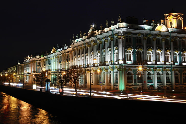 night, lights, Peter, Saint Petersburg, The Hermitage, Russia, HD wallpaper