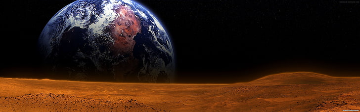 outer space stars planets mars earth 3360x1050  Space Planets HD Art