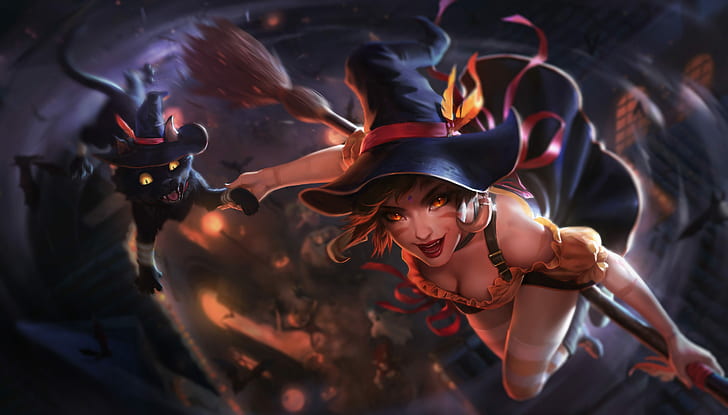 Halloween, witch hat, cleavage, League of Legends, thigh-highs