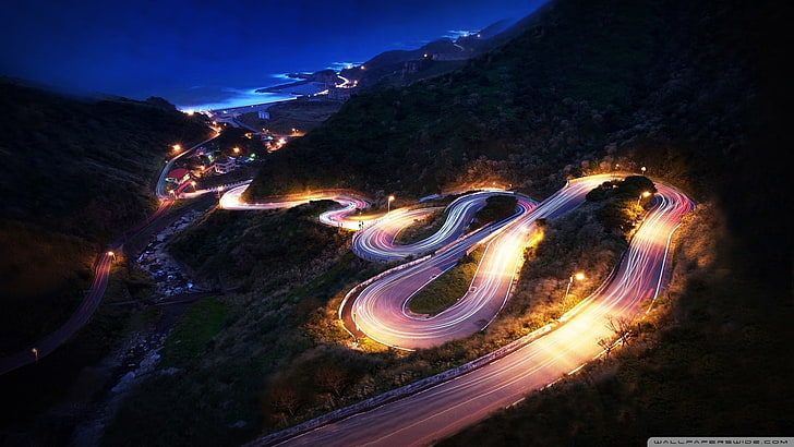 Night view of a hill road, light trail, transportation, illuminated, HD wallpaper
