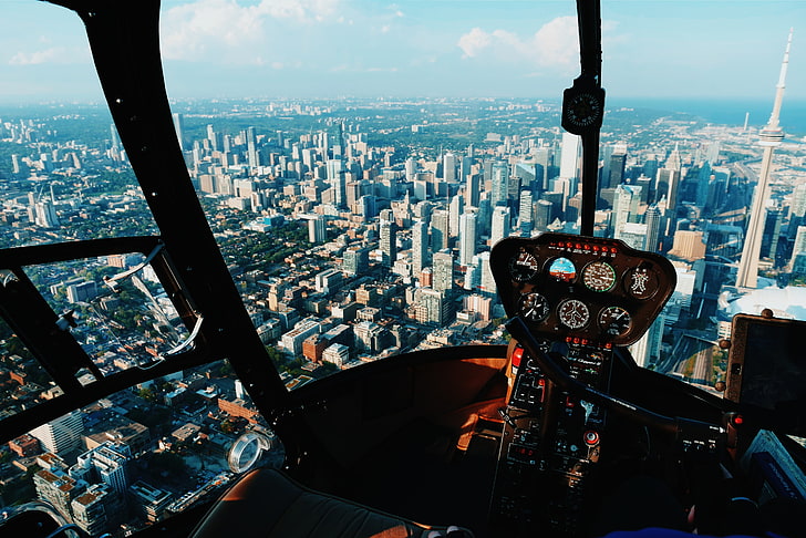 high-rise buildings, aerial view of city buildings in helicopter, HD wallpaper