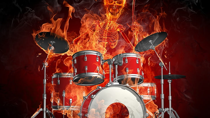 fire, flame, skeleton, drum, drums, drummer, burn, musical instrument