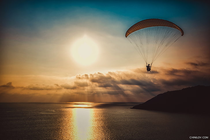 nature, paragliding, Sun, dark, sunlight, sky, Ivan Chinilov, HD wallpaper