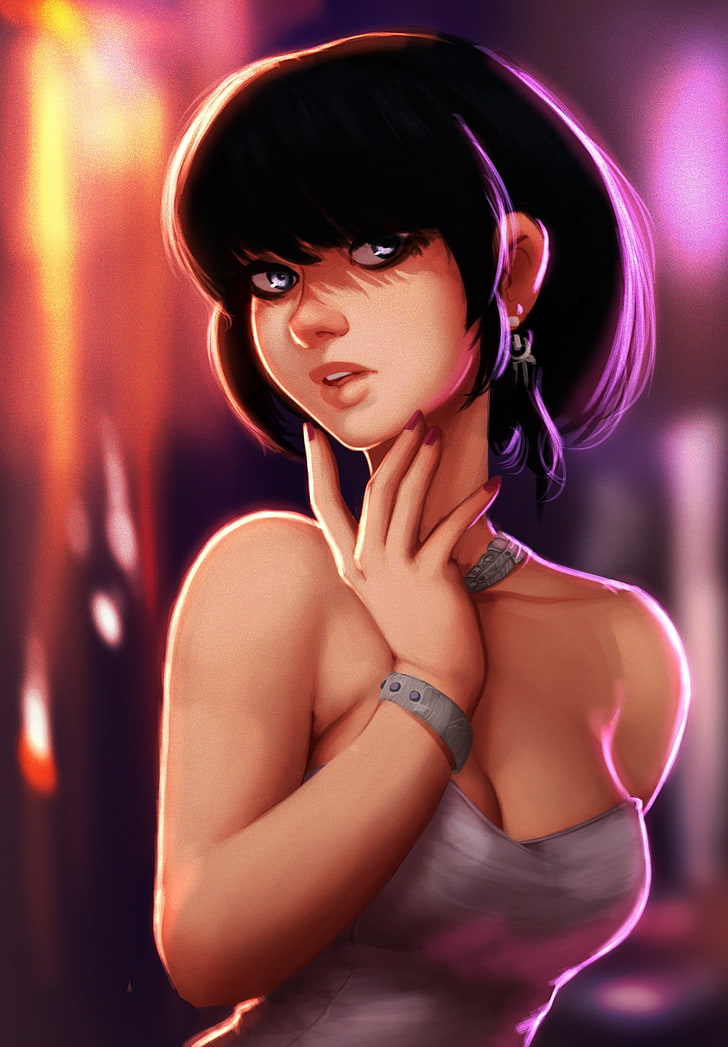 black hair woman illustration, anime, anime girls, short hair, HD wallpaper